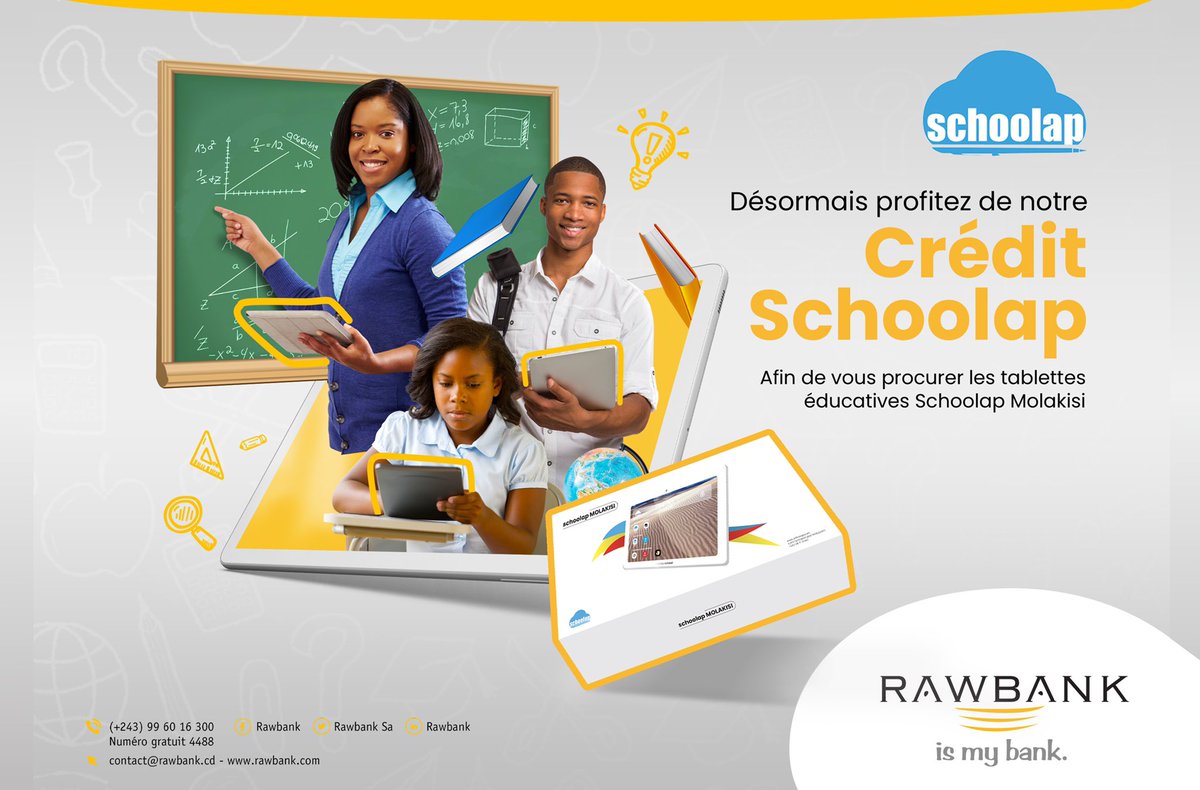 SCHOOLAP_'s tweet photo. Rencontrez nos agents dans toutes les agences @Rawbank_sa à Kinshasa pour souscrire au #CreditSchoolap et bénéficier d’une tablette éducative à 12$ le mois. Appelez au +243 997 171 343 pour plus d’informations. https://t.co/Td86kxSYbQ