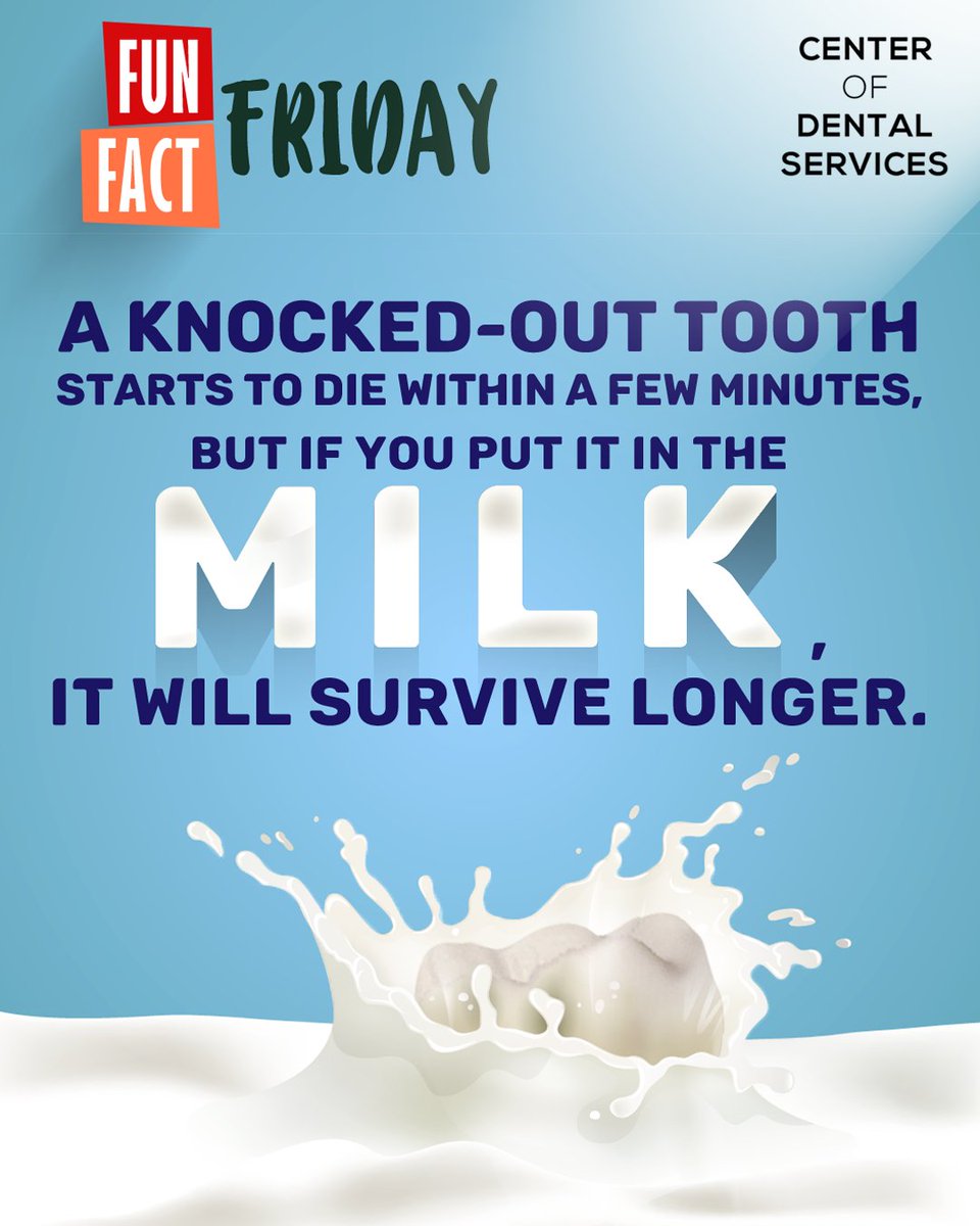 CenterofDental's tweet image. #FunFactFriday 🤓

A #knockedouttooth 🤜🦷 starts to die within a few minutes ⏱, but if you put it in the #milk 🦷🥛, it will survive longer while you rush to the #dentist. 🦷👩‍⚕️

#funfactfriday #dentalfacts #dentistry #centerofdentalservices #linden