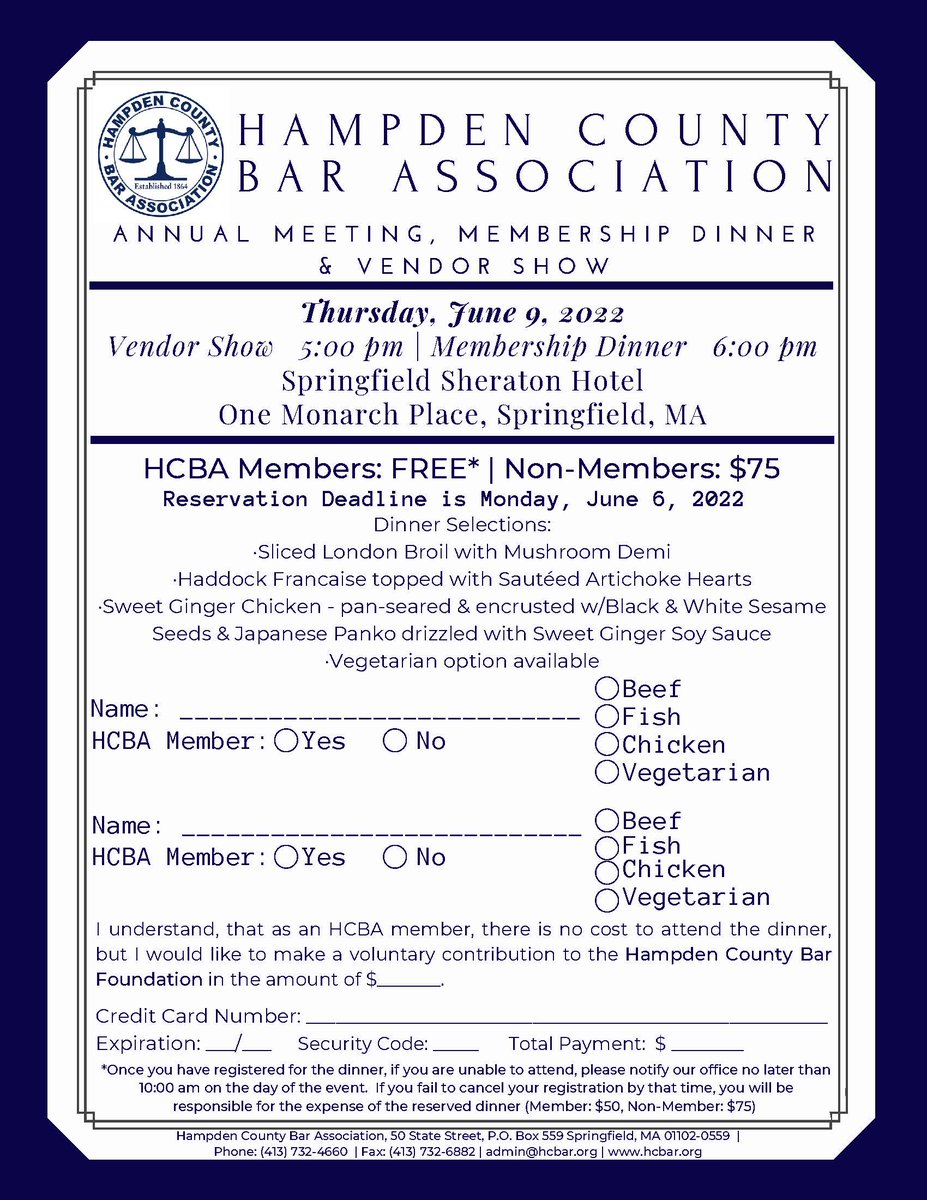The HCBA Annual Meeting, Dinner &amp; Vendor Show will be held on Thursday, June 9th at the Sheraton Springfield Monarch Place Hotel! 

Register Today! …ountybarassociation.growthzoneapp.com/ap/Events/Regi…