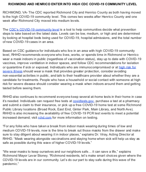 RichmondCity_HD's tweet photo. Richmond, Henrico, &amp; much of Central VA entered into high COVID-19 community levels last night. 

https://t.co/tkyynnMv9U https://t.co/Rp1vZT7M9W