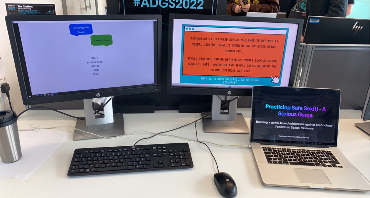 Tiaaa_C's tweet photo. Super excited to be at #ADGS2022, showcasing my honours project - Practicing Safe Sex(t) - A Serious Game!
It aims to educate people about tech-facilitated sexual violence through a visual novel based game. https://t.co/lDDLK4nwc4
