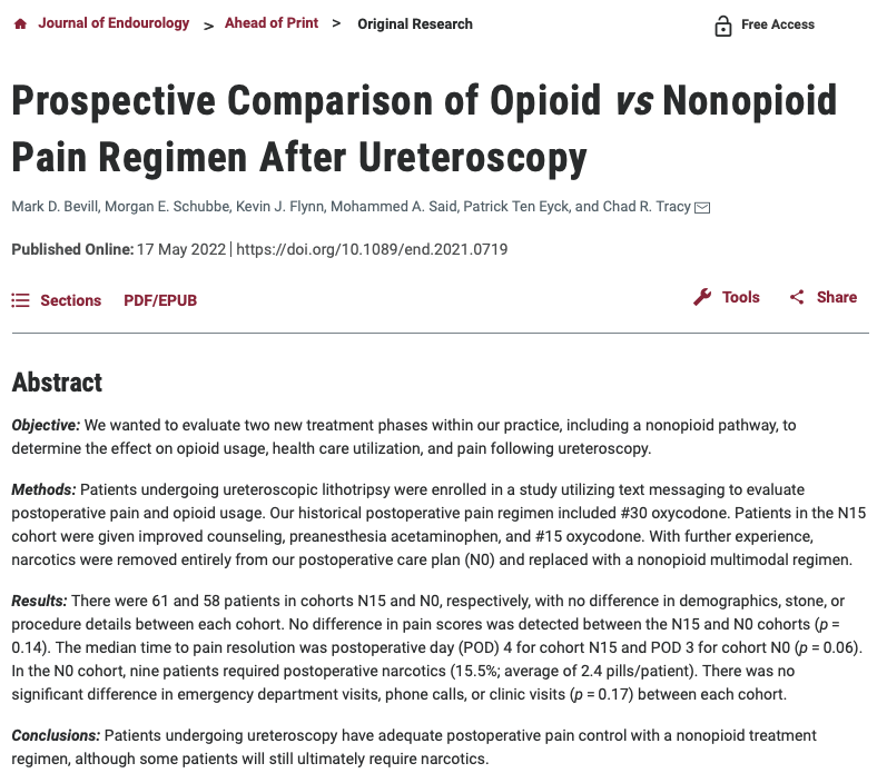 New in <a href="/JEndourology/">Journal of Endourology</a>: A multimodal nonopioid postoperative pain regimen may provide equally effective analgesia, spare 85% of patients from postoperative opioids, and reduce number of opioids prescribed by 92%. bit.ly/3yUSZsu <a href="/ChadTracyMD/">Chad Tracy</a> <a href="/BevillMark/">Mark Bevill</a> <a href="/KFlynn_UroMD/">Kevin Flynn</a>