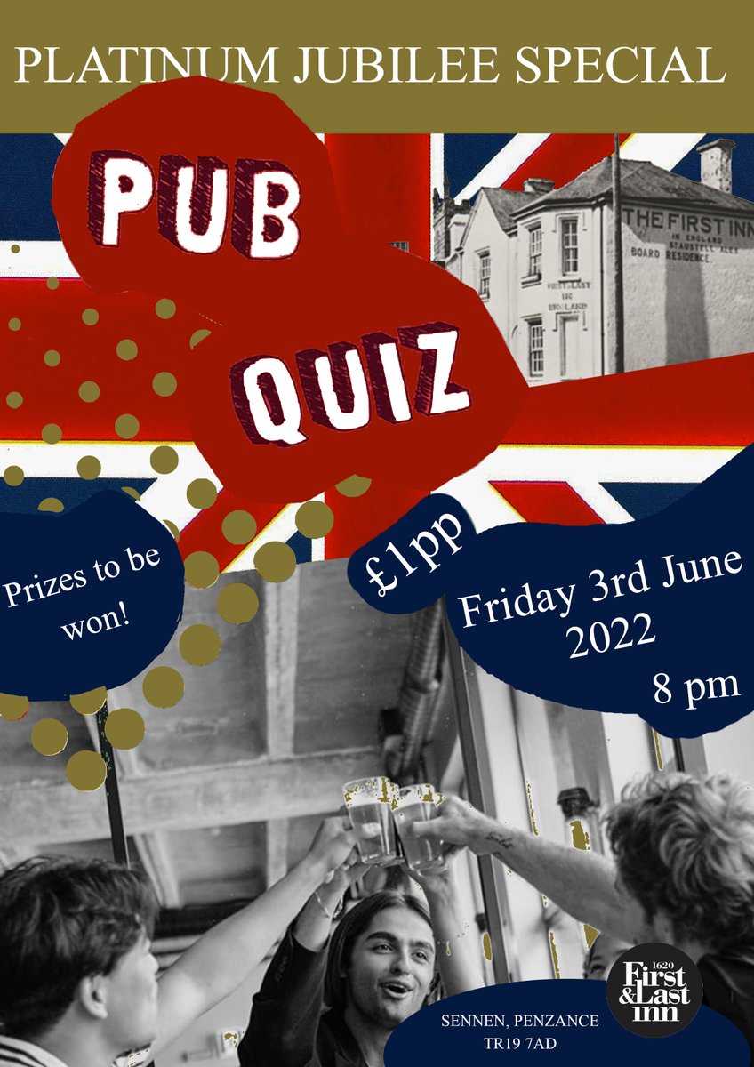 Join us next Friday for what's going to be a royally fantastic evening 🇬🇧 
To start we have a Platinum Jubilee pub quiz, with a great prize👑
Followed by the incredible band Maximum gain!
#JubileeWeekend #celebration #PlatinumJubilee #cornwall #sennen