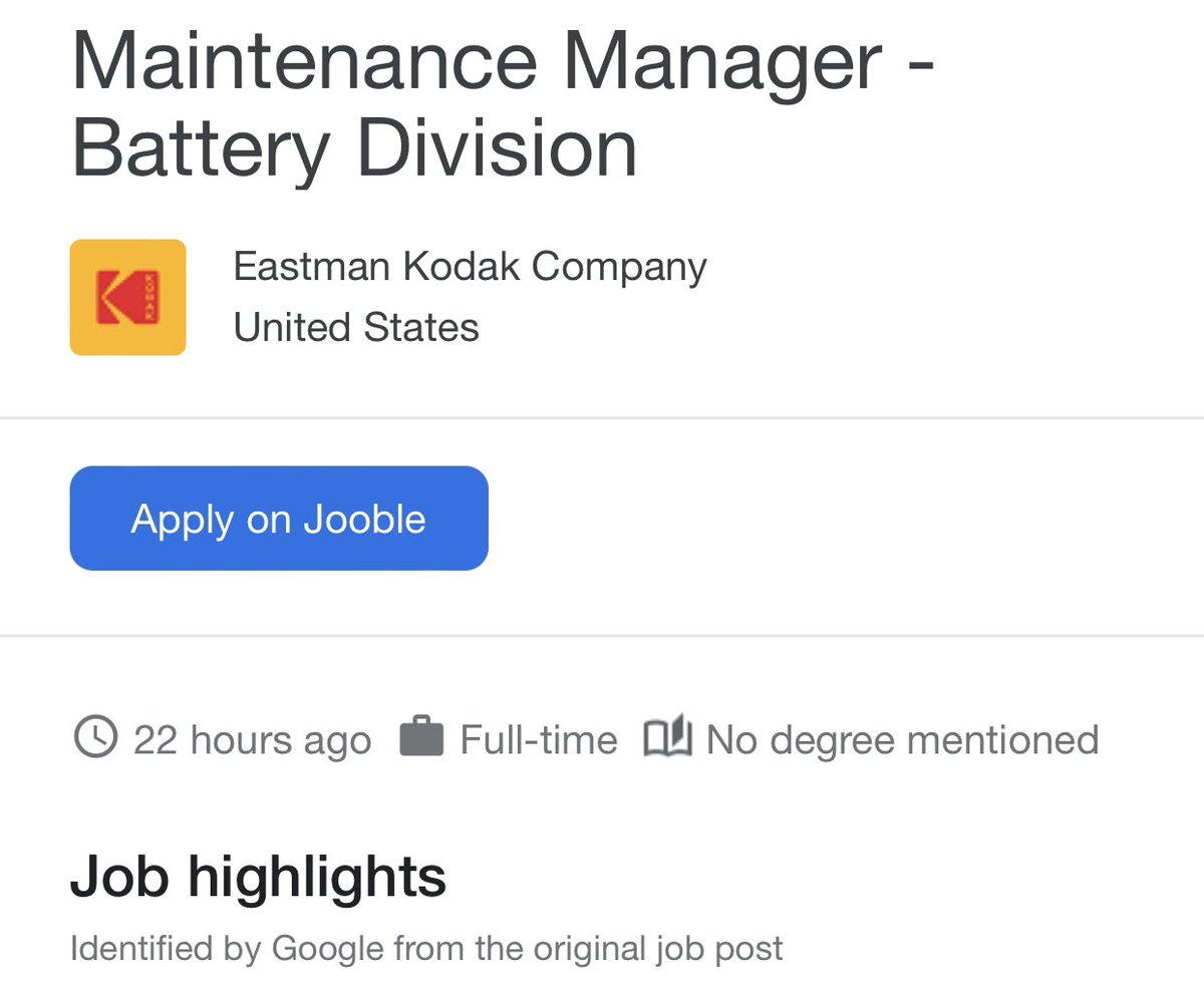 Mentioned before that I signed up for Google auto-alerts for new $KODK job postings. This one was on today’s list and follows general trend. #cleanenergy #electricvehicles (no PR’s yet on this “startup opportunity”, very curious to hear more)