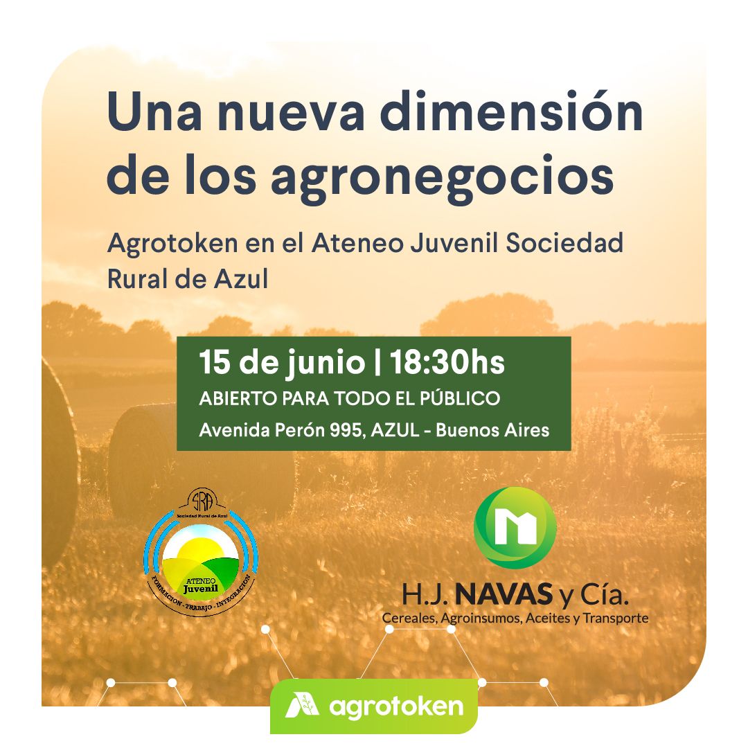 El 15/06/2022, en la SRA de Azul, sita en Avda. Perón 959 de Azul, a las 18:30 hs, se realizara una charla abierta informativa sobre tokenización de cereales. La misma estará a cargo de la gente de 
@agrotoken .El futuro es hoy, no dejemos pasar la oportunidad. <a href="/ateneosrazul/">Ateneosrazul</a>