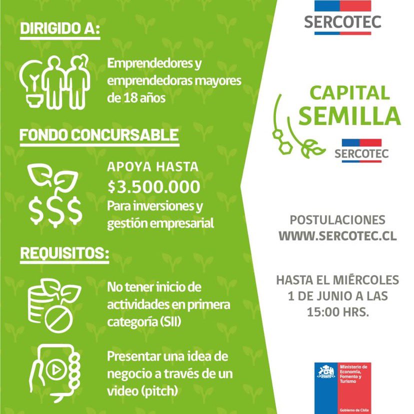 Este año, el #CapitalSemilla2022🌱 te apoya con hasta $3.500.000 para inversiones y gestión empresarial ¡Dale vida a tu idea de negocio!  
 
✨ Ingresa a sercotec.cl, escoge tu región y descarga las bases del programa. ¡Recuerda que son CUPOS LIMITADOS!