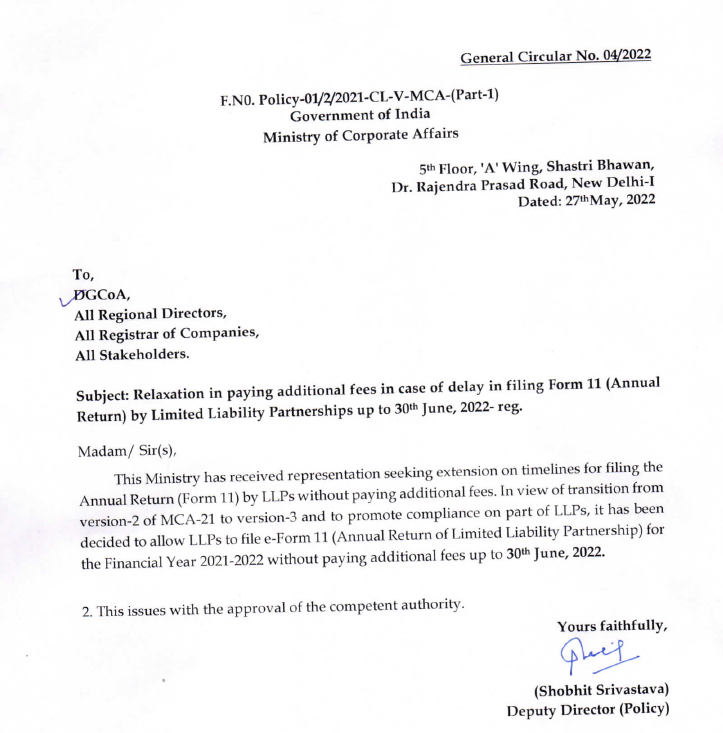 akhilpachori's tweet image. Relaxation of Additional Fees for #form11 for LLP on MCA v3