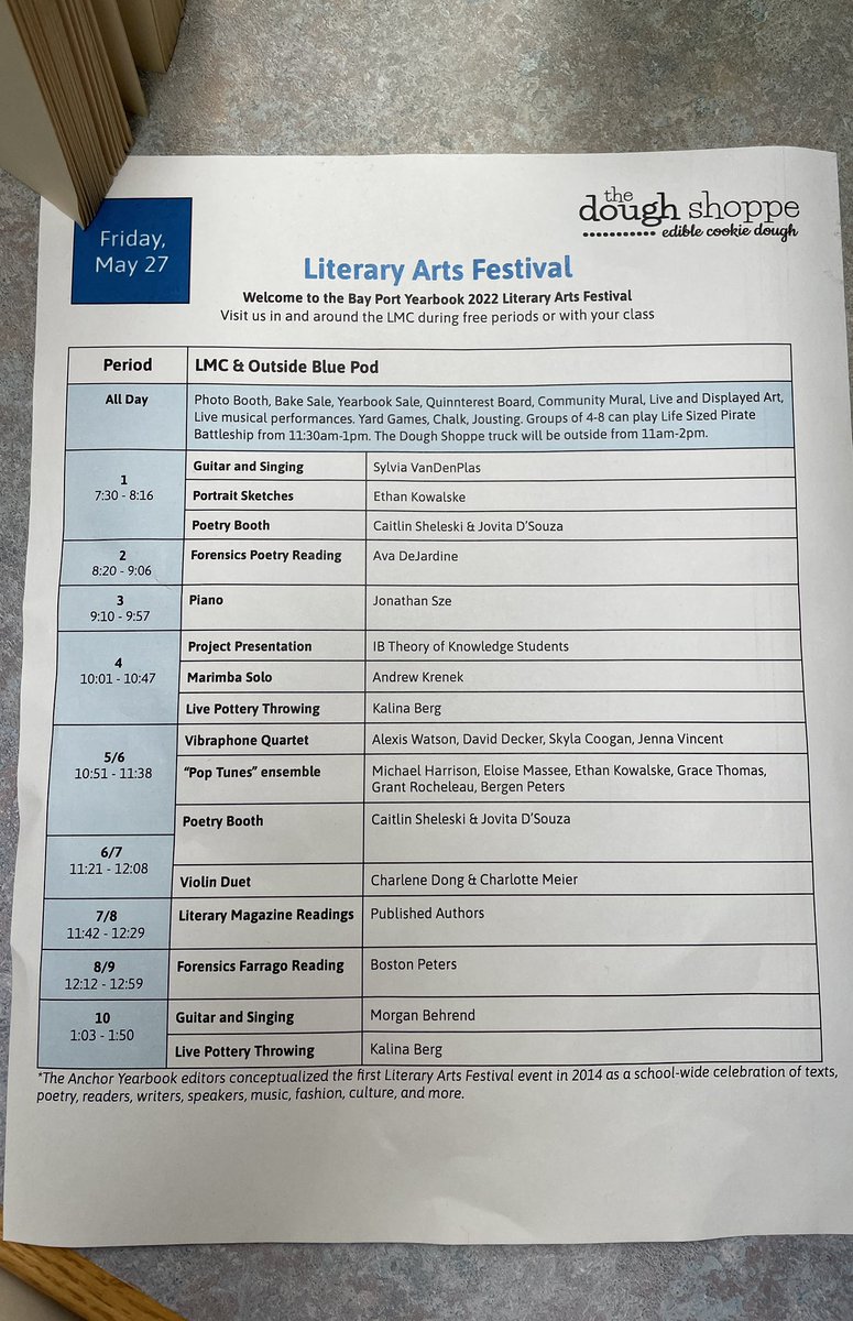 Come down to the LMC for the Literary Arts Festival! There is live music, poetry, artwork, and more! View the schedule below.