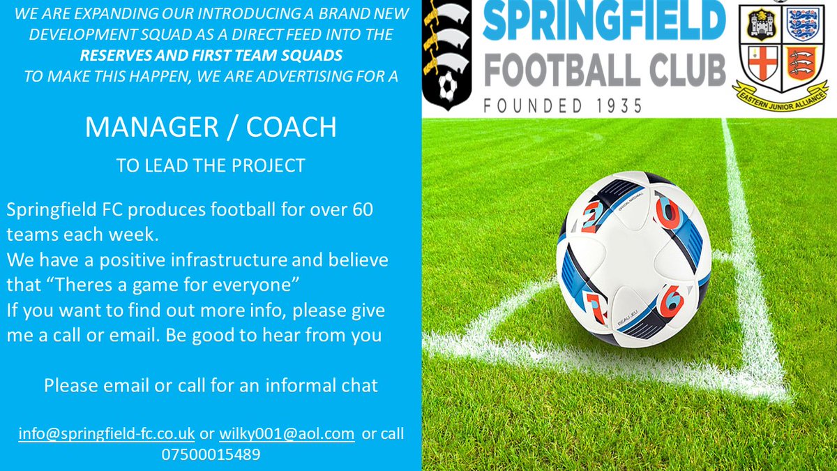 SpringfieldF's tweet image. GREAT opportunity to be involved with the integration of players moving into the 1st Team set up. please share. @FrancescoZabot1 @eofl @pete0802 @Meatesy @Brooksy_11 @SpringfieldFCR @Sfc18sEJA @essexfootie @EssexFCoaching @EssexCountyFA @Love_non_league