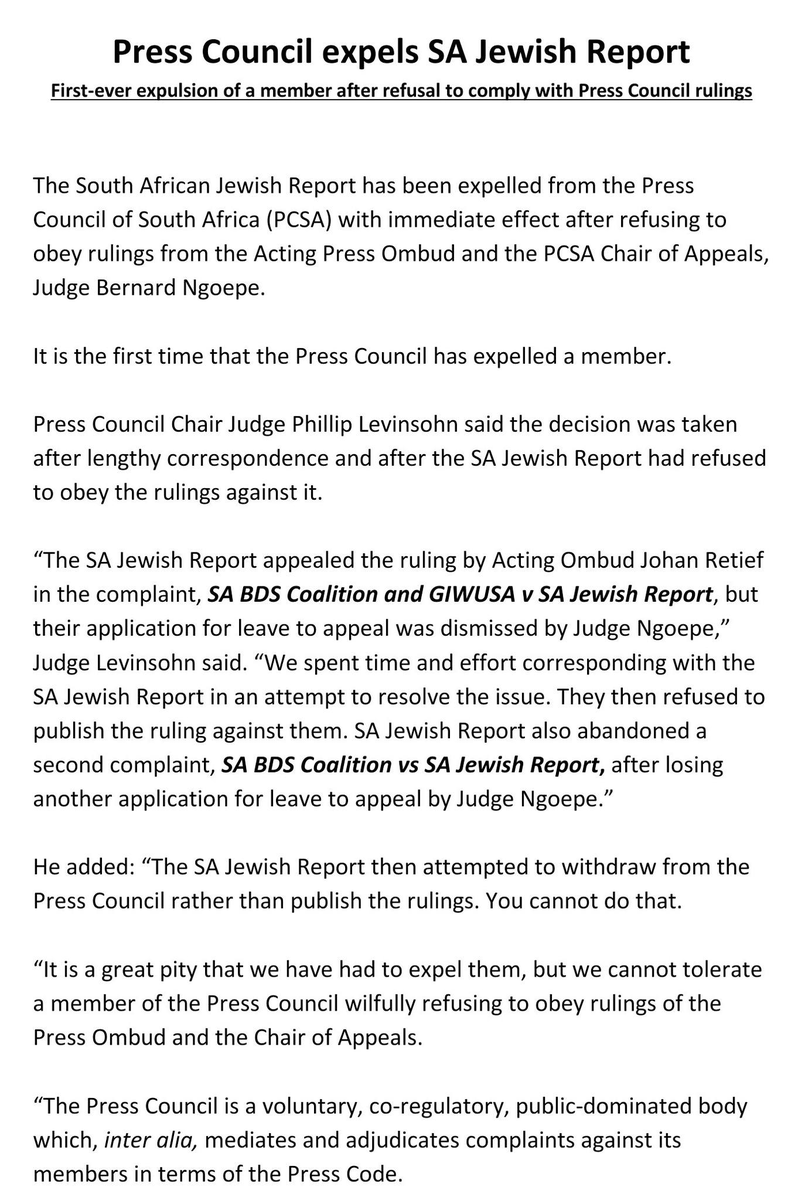NaeemJeenah's tweet photo. Press Council of South Africa, for the first time, expels a member - the South African Jewish Report.
Thanks to the @sabdscoalition and @GIWU_SA https://t.co/ogHMb7tlQM