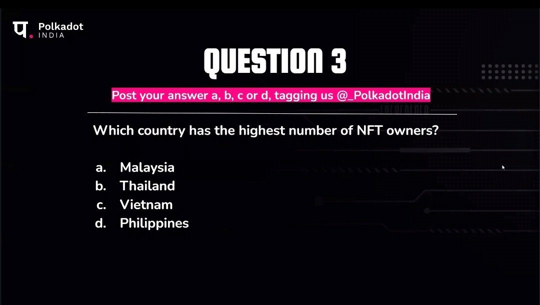 NFTForever001's tweet photo. Answer is
D. Phillipines
@_PolkadotIndia https://t.co/Mpymmof0Pd