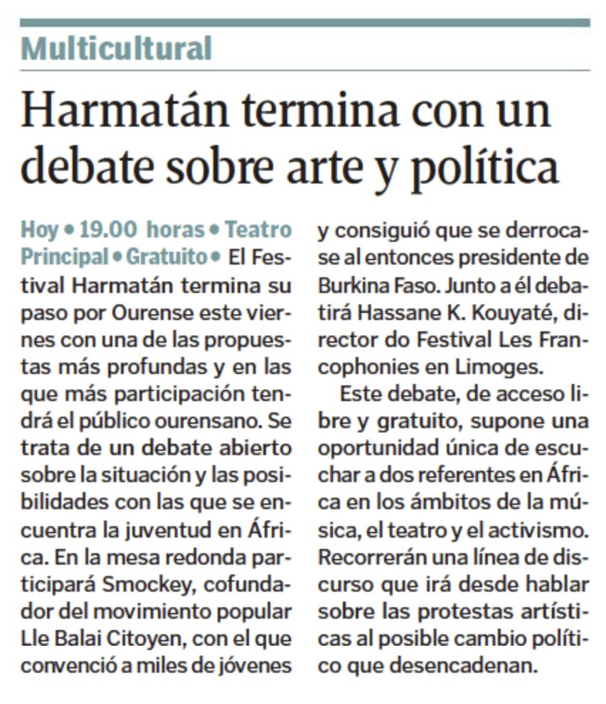 🗞 @VozOurense "Harmatán <a href="/HOurense/">FESTIVAL HARMATÁN OURENSE</a> termina con un debate sobre arte y política"
