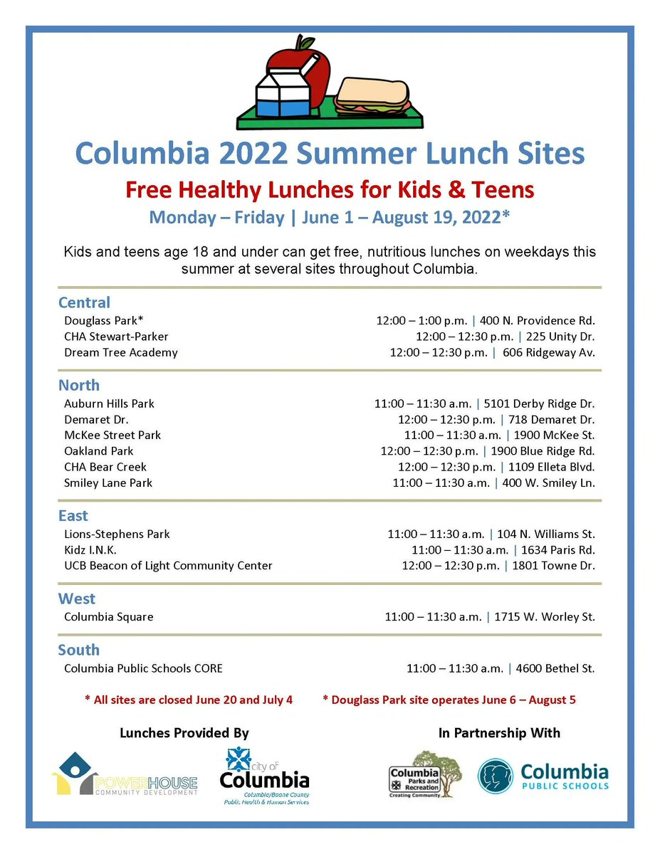 TheFoodBankMO's tweet photo. This summer, kids and teens in Columbia can get nutritious lunches on weekdays at no charge. There are several sites serving meals. The need for regular, healthy food is present year round, so this initiative will help kids get the food they need for a fun, active summer. https://t.co/O5CsCkd8nO