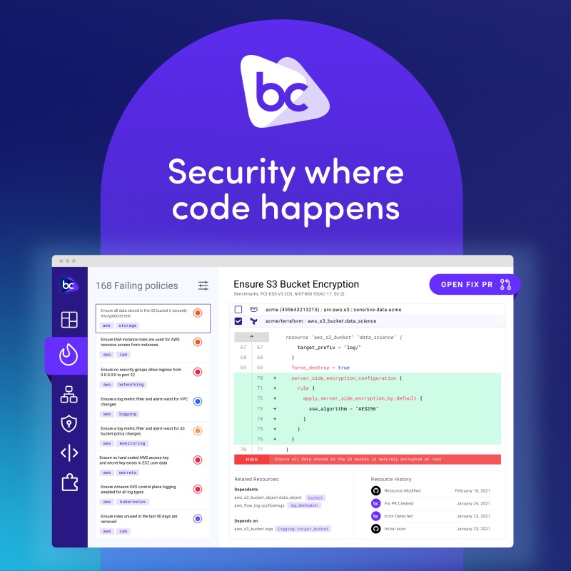 bridgecrewio's tweet photo. Frictionless security-as-code fully integrated with your favorite dev tools. 💙