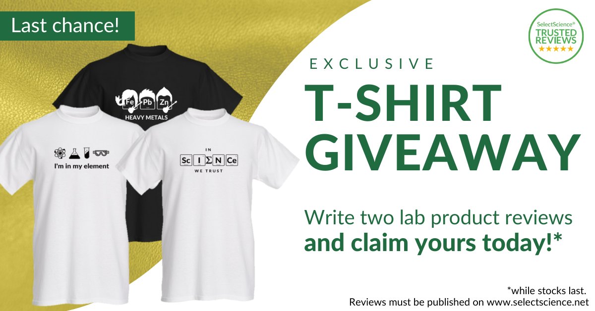 SelectScience's tweet photo. Your Friday just got better! Today is your last chance to win an exclusive science-themed T-shirt in exchange for two lab product reviews, while stocks last: https://t.co/sS1MtziXZn
#ScienceCommunication #Reviews #Giveaway #Research #Tshirt #LabProduct #FridayFeeling https://t.co/D4Jd7DXj3u