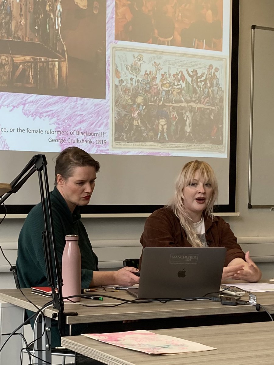 Yesterday’s #HexingThePatriarchy artists @AnnaFCSmith @helen_c_mather discussing the inspiration behind These Lancashire Women are Witches in Politics including Cruickshank’s bawdy Belle-alliance with the connotations of the Skimmington banner and it’s woman ‘riding St. George’.