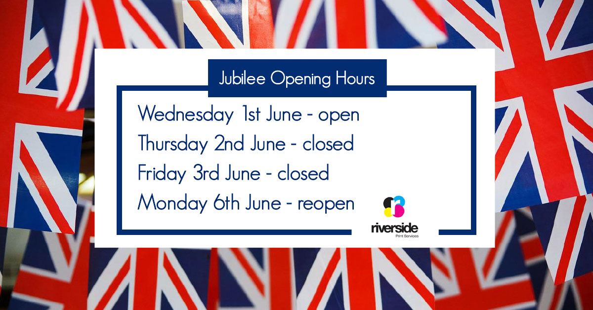 Riverside_Print's tweet photo. *B U S I N E S S O P E N I N G H O U R S* We hope you all have a fantastic time celebrating the queens jubilee. Thank you to all of the keyworkers who will be working hard during the bank holiday. 
Riverside Print Services https://t.co/bK4aYpcMWZ