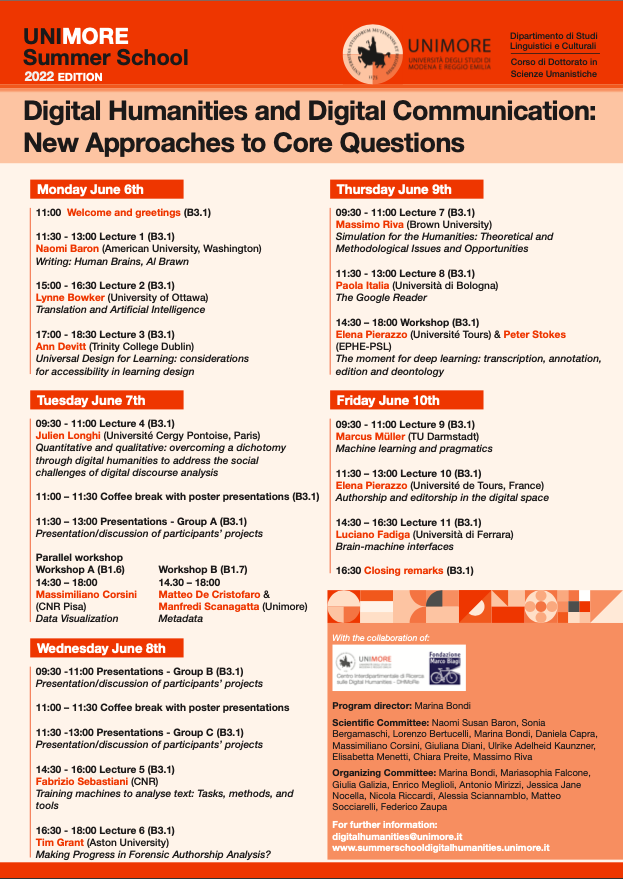 Unimore_DH's tweet photo. 📢The #DHSummerSchool #UniMoRe #2022 is only two weeks away. 
Take a look at the programme. We can't wait to get started. 💻📚

Further information can be found at the following link: https://t.co/RnoHt0SVby
#digitalhumanities https://t.co/o7hwtfaIJ1