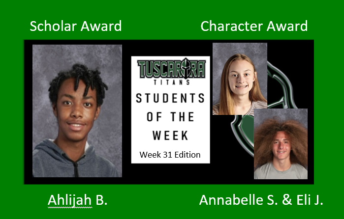 Titans_week's tweet photo. Congrats to the Students of the Week for Week31!

🌟 “Ahlijah has all A’s and has done an excellent job this school year!”

🌟 “Eli is helpful, positive, &amp; finds the best in every situation.”

🌟 “Annabelle was a big help in media!” 

Kudos, Titans! https://t.co/kimyWUqbBi