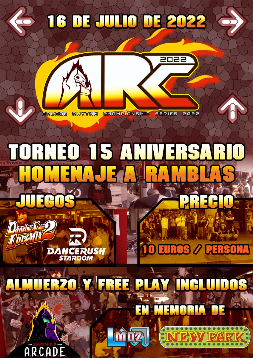 ArcadesCat's tweet photo. Pasados 15 años del cierre del #NewPark de #LaRambla, marcado por un muy añorado torneo de #DDR, este 16/07/2022 celebramos un torneo doble en homenaje al evento más recordado por la comunidad de Barcelona. Apúntate a esta jornada de DDR y DanceRush Stardom en torneig@arcade.cat https://t.co/MGKjV6cogf