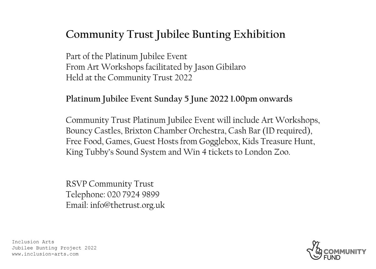 Inclusion Arts (@inclusionarts16) on Twitter photo The Bunting from the Jubilee Bunting Project funded <a href="/TNLComFund/">The National Lottery Community Fund</a> will be on display <a href="/StockwellParkCT/">Stockwell Park Community Trust</a> Platinum Jubilee Event 5 June 2022 #PlatinumJubileeCelebration The Bunting from the Jubilee Bunting Project funded <a href="/TNLComFund/">The National Lottery Community Fund</a> will be on display <a href="/StockwellParkCT/">Stockwell Park Community Trust</a> Platinum Jubilee Event 5 June 2022 #PlatinumJubileeCelebration