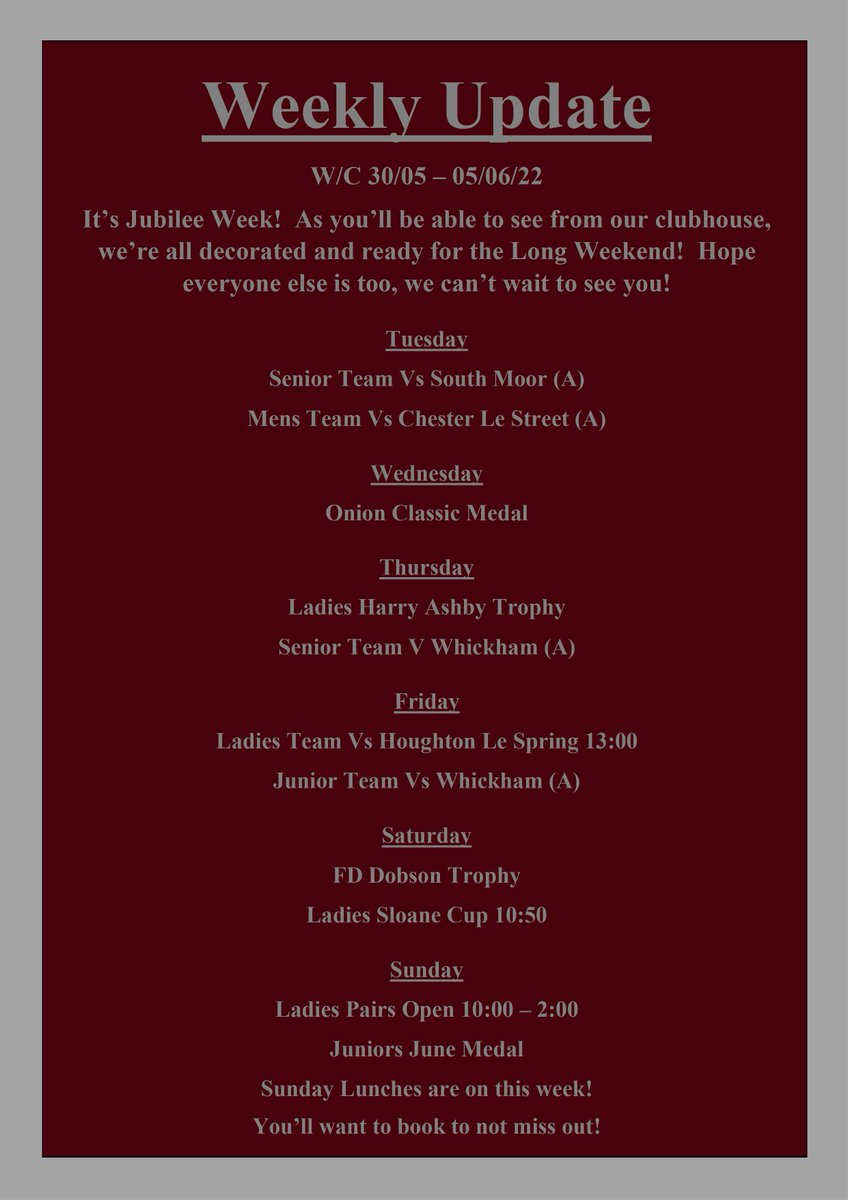 !!! 𝗪𝗘𝗘𝗞𝗟𝗬 𝗨𝗣𝗗𝗔𝗧𝗘 !!!
𝗪/𝗖 𝟯𝟬/𝟬𝟱 - 𝟬𝟱/𝟬𝟲/𝟮𝟮

It's the Queen's Platinum Jubilee this week, and we're so excited! The clubhouse is all decorated, and we can't wait for you to see!