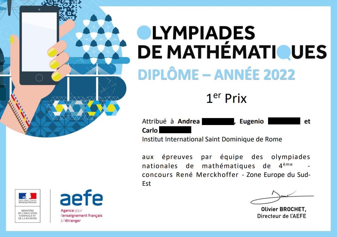 InstitutRome's tweet photo. 3 Prix décernés à nos élèves de 4ème - Olympiades de mathématiques - concours René Merckhoffer - Zone Europe du Sud-Est @aefeinfo 
Félicitations aux élèves &amp; à leur enseignante 👏
#ISD #AEFE #maths #sciences #culturescientifique #prix #concours #olympiades #odyssey #rome #college https://t.co/O216AZPegX