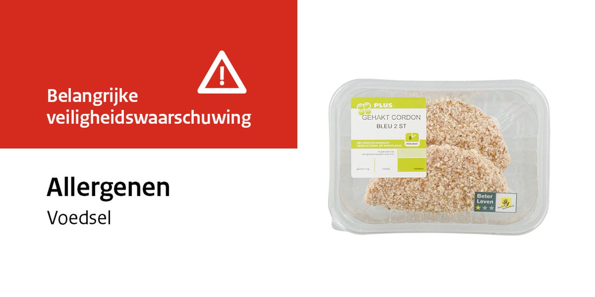 Veiligheidswaarschuwing PLUS Gehakt Cordon Bleu 2 stuks: gevaarlijk voor consumenten met #pinda- of #soja-allergie  nvwa.nl/documenten/waa…