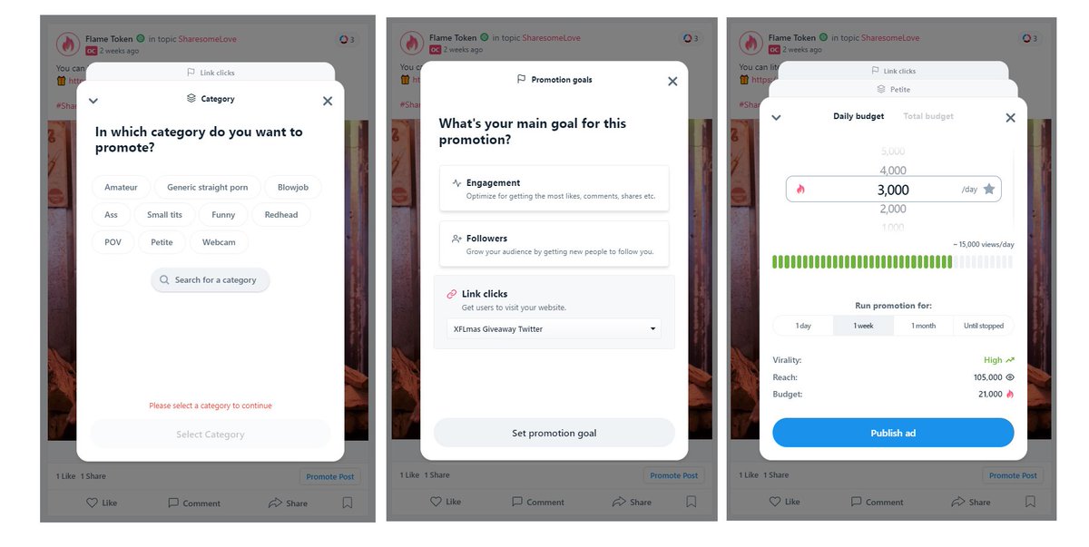 SharesomeCom's tweet photo. Creators can launch an NSFW ad on Sharesome in a few minutes!

1. Generate a post by uploading your video, photo or GIF, add your copy, link and (CTA) call to action.
2. Set your targeting.
3. Select your advertising objective.
4. Set your budget.
4. Publish ad!

#SharesomeLove https://t.co/aDE173vGuf