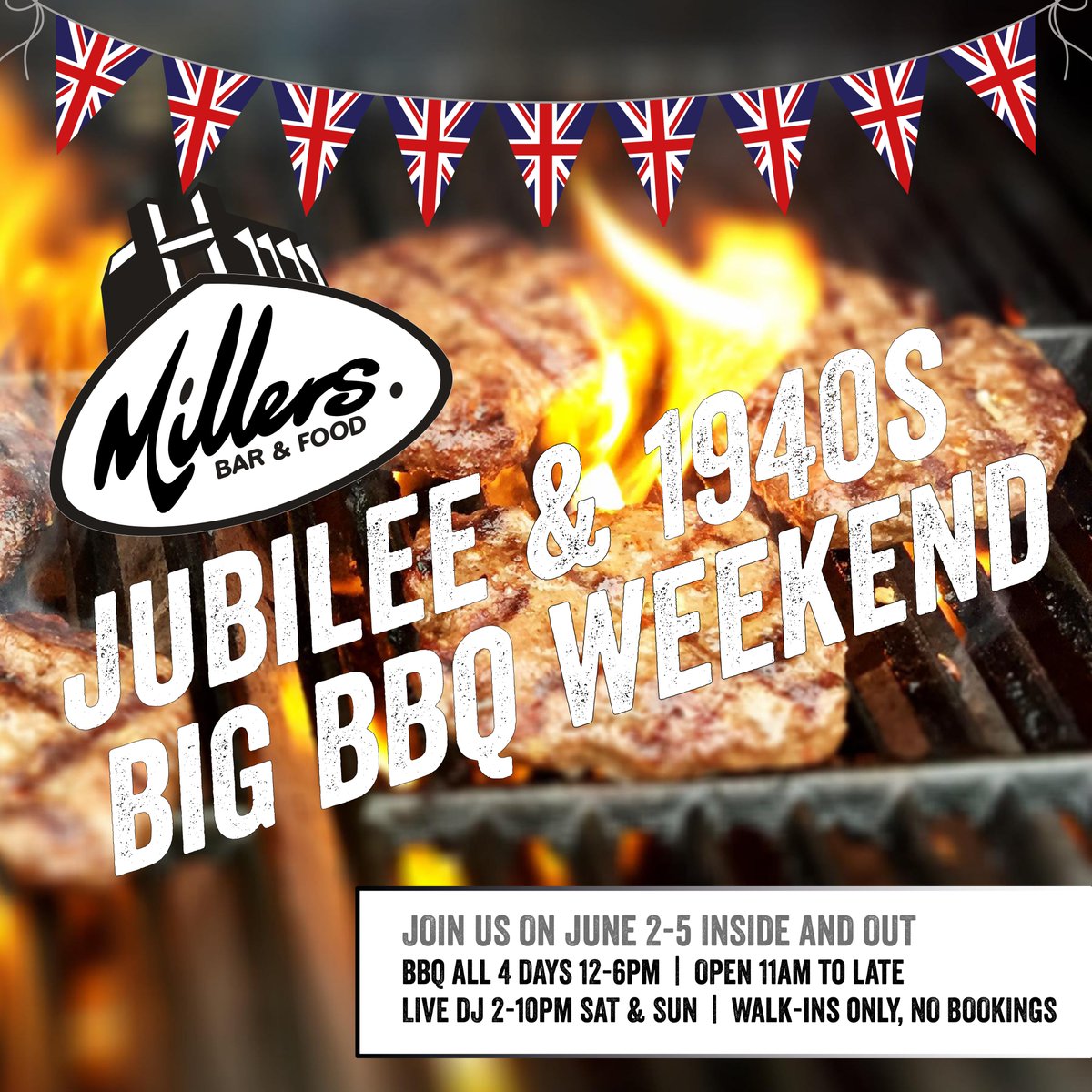 We have FOUR days of BBQ action incoming to celebrate the jubilee/1940s weekend.
We'll be firing up the grills and flame-cooking food each day from 12-6pm from Thursday June 2 to Sunday June 5.
Pub open inside and of course outside in our magnificent canalside beer garden.