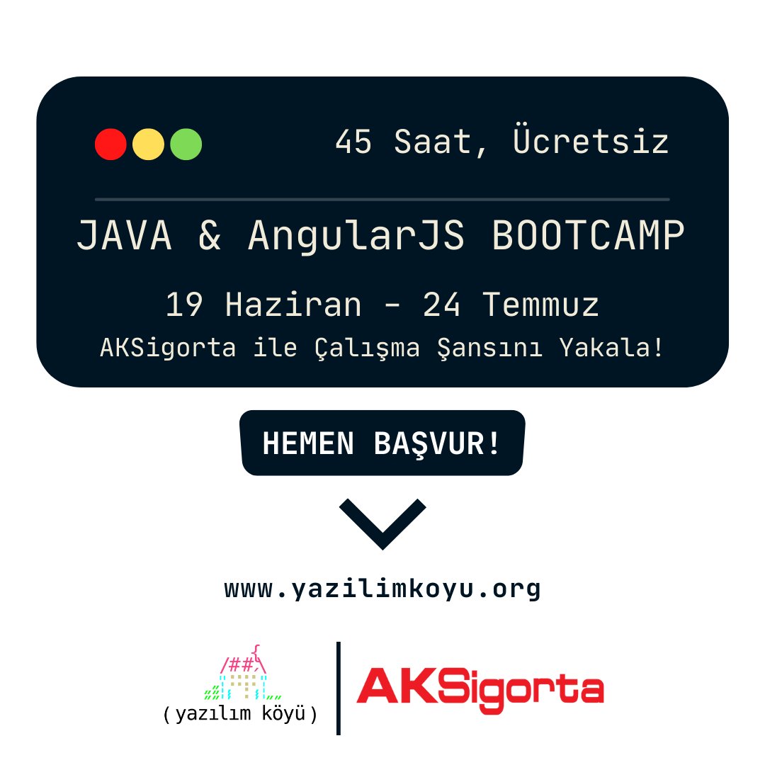 Köyümüzde Aksigorta sponsorluğunda ve Aksigorta'da çalışma şansını elde edebileceğin, ücretsiz olacak olan bir 45 saatlik "Java &amp; AngularJS BootCamp” gerçekleştiriyoruzz! 👩🏼‍💻🏡

Daha detaylı bilgilere ulaşmak için yazilimkoyu.org'a bi' göz atabilirsinn!👀

#java #angularjs