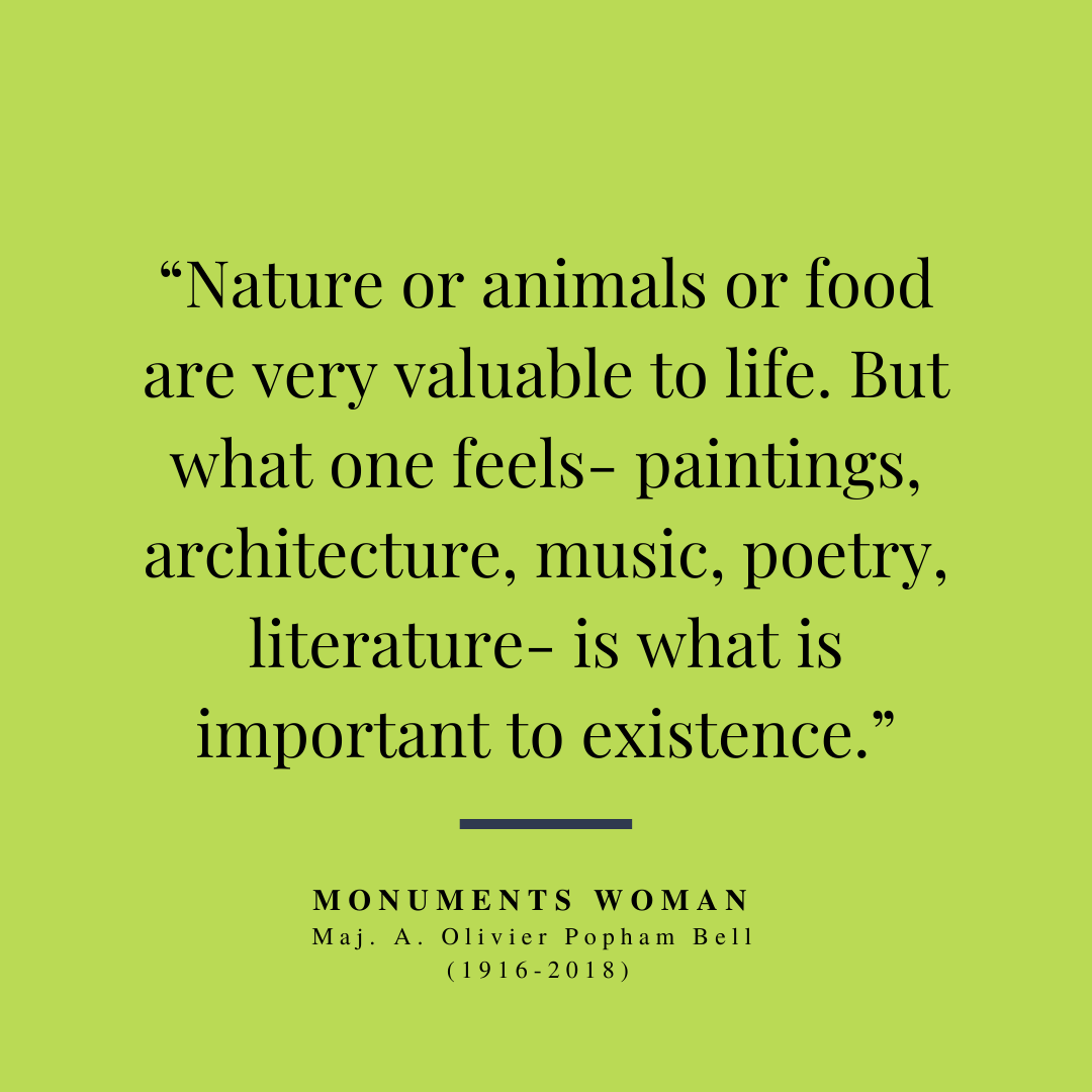 MonumentsMWfnd's tweet photo. “Nature or animals or food are very valuable to life. But what one feels- paintings, architecture, music, poetry, literature- is what is important to existence.” #MonumentsWoman Maj. Anne Olivier Popham Bell (1916-2018) https://t.co/csVV2b5oEE