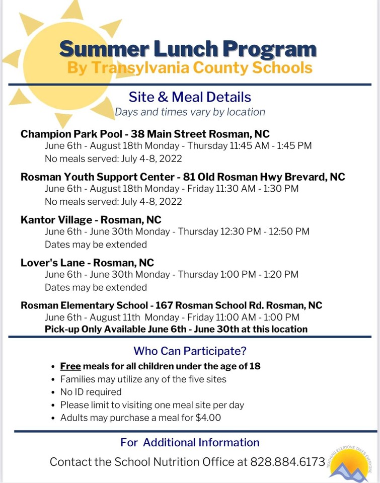 SUMMER LUNCH PROGRAM INFORMATION!!!