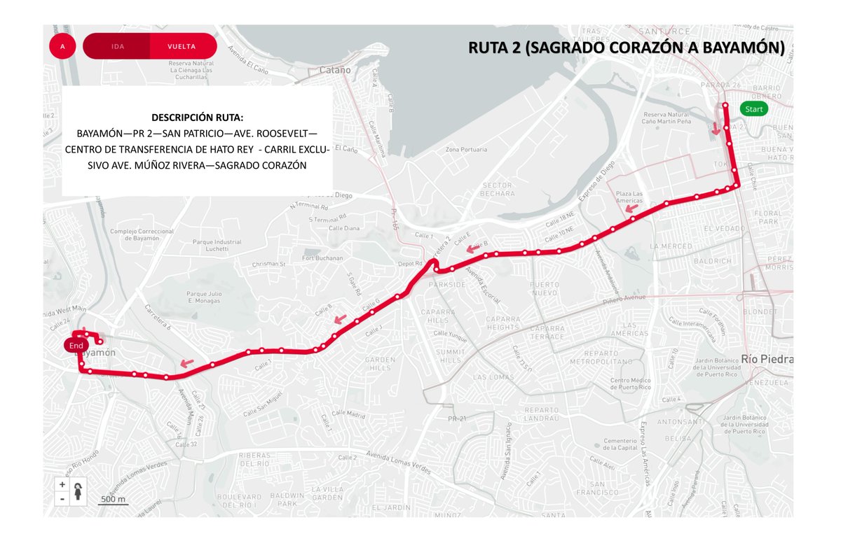 Ruta T-2 discurre desde Bayamón hasta la Estación <a href="/trenurbanopr/">Tren Urbano</a> en Sagrado Corazón. Lunes a viernes tiene una frecuencia de cada 20 minutos. Mientras que sábados y feriados sale cada 30 minutos. #ViajaSeguro 
<a href="/DTOP/">DTOP</a> @prsecdtop <a href="/fortalezapr/">Puerto Rico Governor's Office</a>