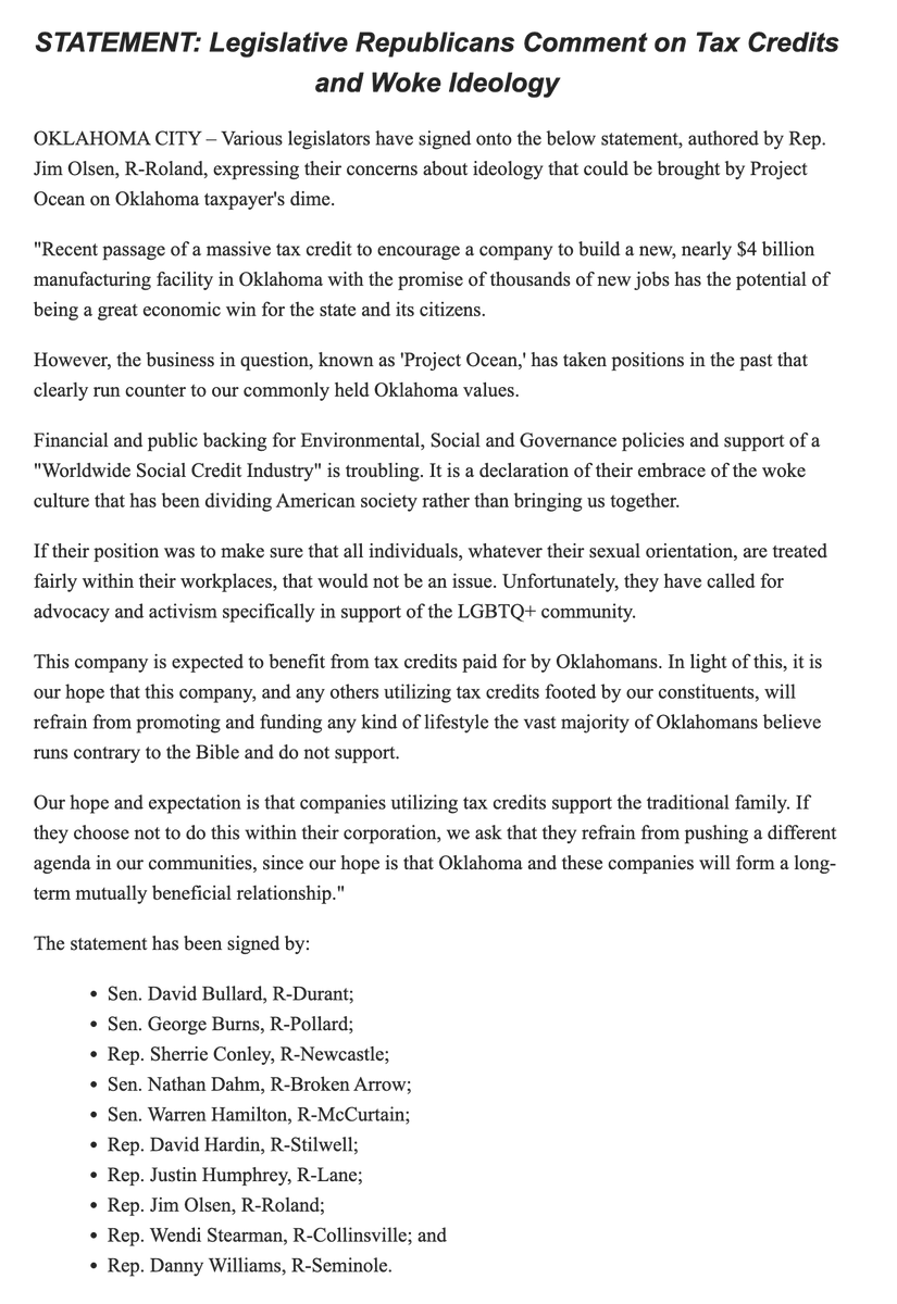 ThriceSavage's tweet photo. In a wild statement from 10 #okleg Republicans that will detract from important budget/veto happenings, Rep. Jim Olsen et al say they don't want #Panasonic to select #Oklahoma because "they have called for advocacy and activism specifically in support of the LGBTQ+ community." 🧐 https://t.co/i19yyQjkbu