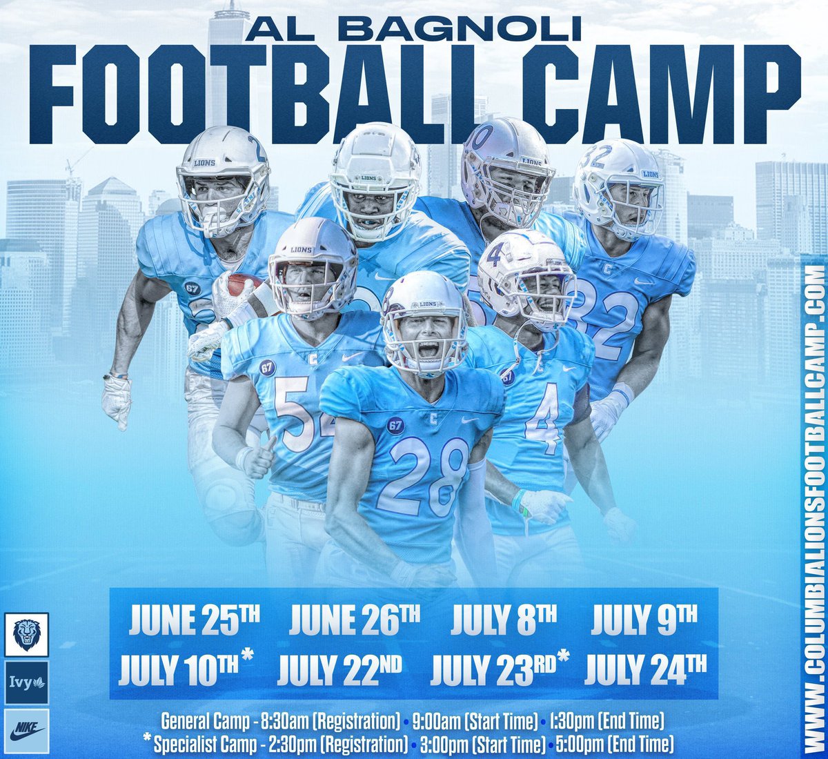 Come to NYC this summer to learn from and get evaluated by our staff!

columbialionsfootballcamp.com

#CUinNYC | #OnlyHere