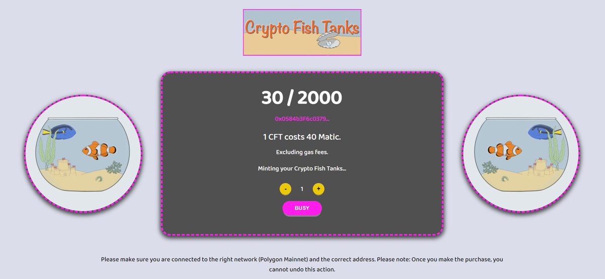 Crypto_FishTank's tweet photo. ❗️Crypto Fish Tanks public sale will start on May 28 - Tomorrow ❗️

You will be able to mint your own CFT for just 40 MATIC🎉🎉🎉

This is part 1 of a 3-part project, each part will have 2000 unique NFTs.

#NFT #NFTs #NFTart #NFTcollector #NFTproject #polygonNFT #openseaNFT https://t.co/RrwjN9JqF3
