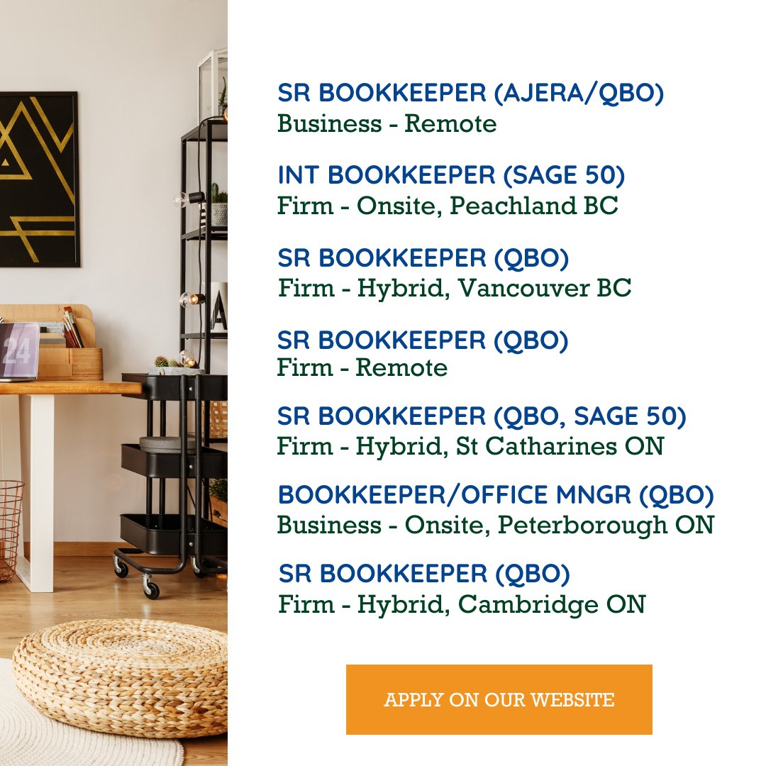 It's been busy; so many companies looking for an amazing bookkeeper like you! Apply ow.ly/aOJA50JjCCk

Big tip! If you can travel onsite there are many more opportunities now that things are opening up, so get in touch! 

#ontariojobs #canadianbookkeepers #canadianbusiness