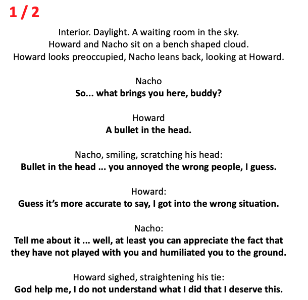 TBigelman's tweet photo. Interior. Daylight. A waiting room in the sky.
Howard and Nacho sit on a bench shaped cloud. 

Attached is my farewell for the masterpiece @BetterCallSaul mid season- would be honored if you read it @TomSchnauz @PatrickFabian @rheaseehorn @mrbobodenkirk @petergould @MandoMichael https://t.co/Xq1RfE8f0l
