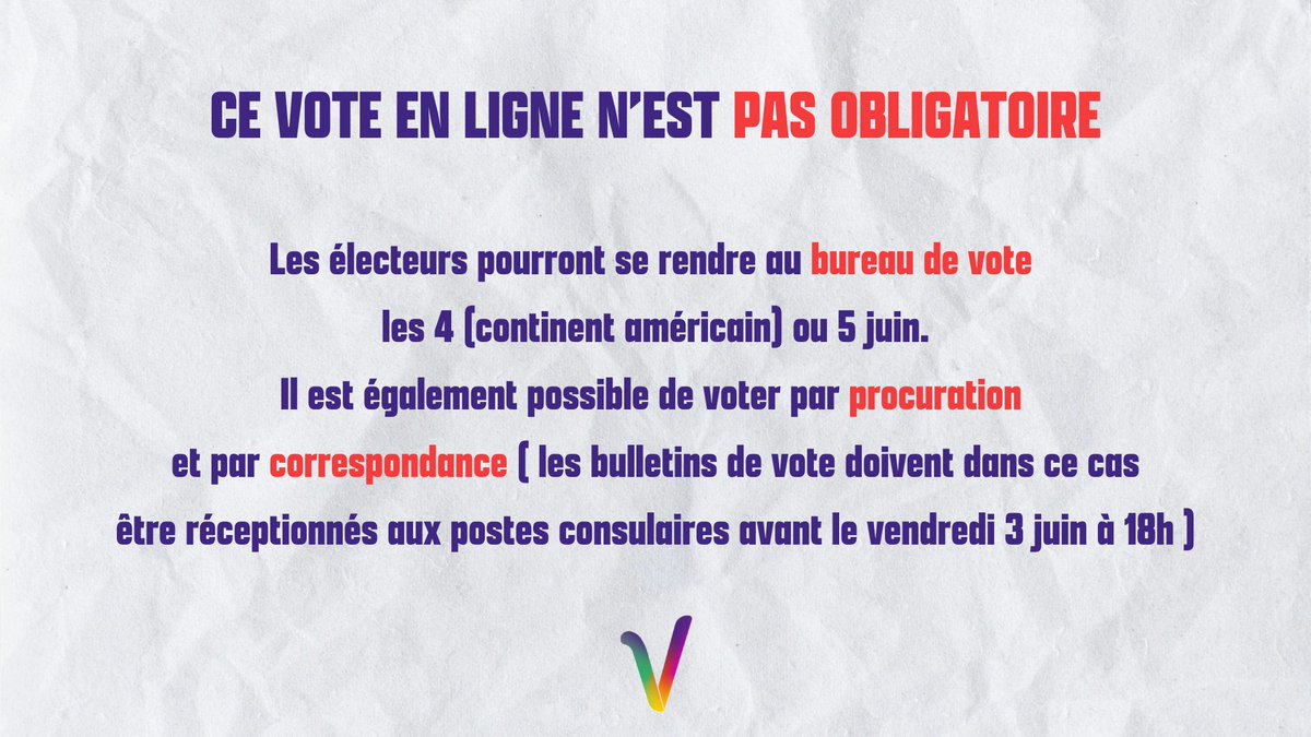 🔴 À partir d'aujourd'hui, vendredi 27 mai, jusqu'au mercredi 1er juin, les Français de l'étranger peuvent voter en ligne pour les élections législatives !

#NUPES 
#UnionPopulaire 
#Melenchon1erMinistre
