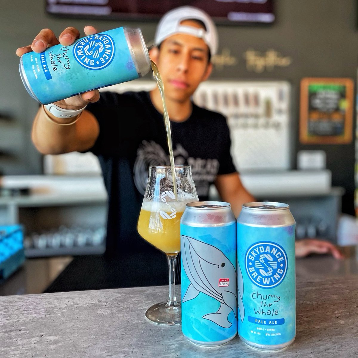 SkydanceBrewing's tweet photo. Beer Re-release Friday…Chumy the Whale! It's a light and refreshing hazy pale ale with a tropical fruit and citrus aroma. 

On draft TODAY and in 16 oz 4-packs TOGO! Queen of Eggrolls is here at 5pm. #patiotime #beereleasefriday #skydancebrewing https://t.co/evRF9A1NMW