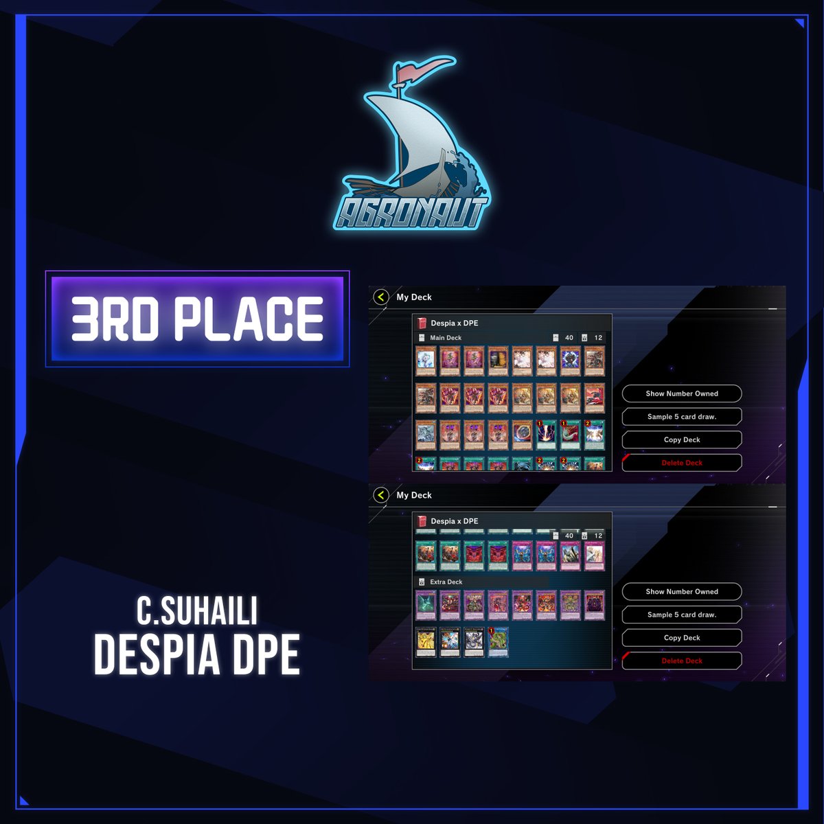 Team Agronaut MD Weekly #17 Tournament
Best Of 1 / Swiss Round / Closed Deck

10 Participant 

1st Place = Unex-Pected  / Prank Kid
2nd Place = esoJAR  /  Eldlich
3rd Place = C•Suhaili  / Despia DPE

#YuGiOhMasterDuel  #マスターデュエル