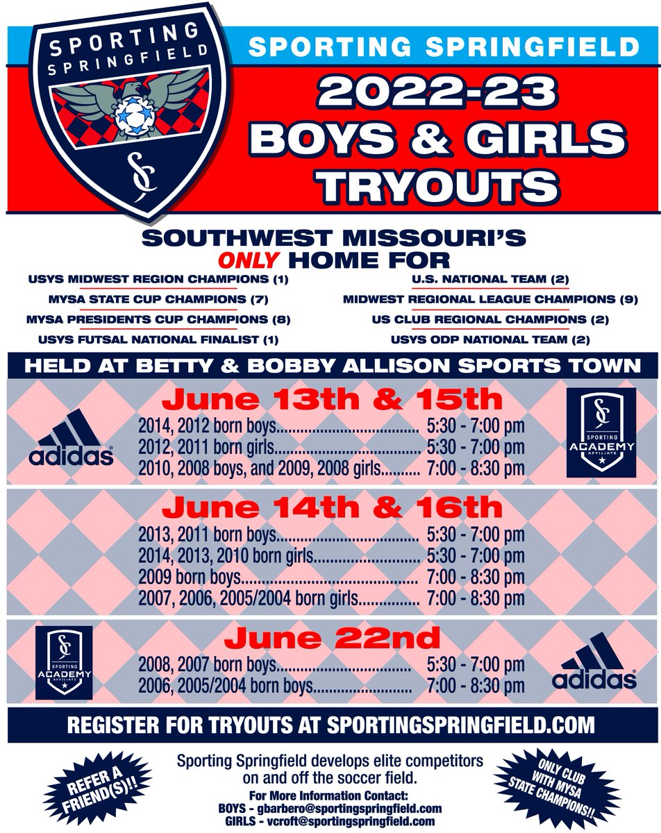 sportingsgf's tweet photo. Tryouts --> https://t.co/n9bbTMJ9sC Share w/friends & other soccer enthusiasts. Fun times ahead: state of the art facility, Boys ECNL, Girls connection w/Girls Academy League, SKC affiliation to develop players & coaches, & more!!!🤗
#PlayerCentered #ProcessFocused #GrowthMinded https://t.co/3O0Wy5S1yW