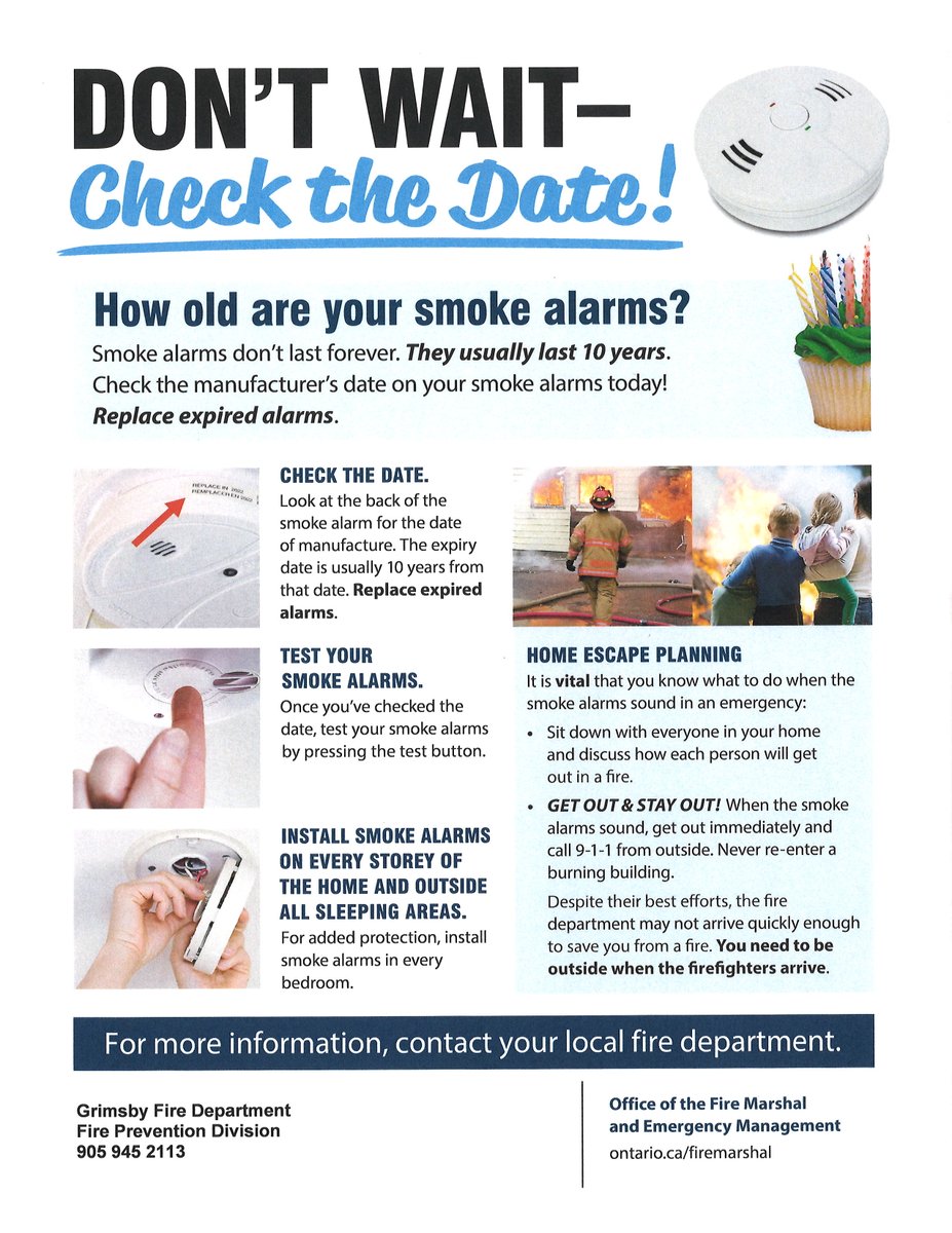 TownofGrimsby's tweet photo. Grimsby Fire wants to remind you that smoke alarms do not last forever, this includes hardwired alarms, Remember if your smoke or CO alarms are 10 years or older, replace them with new alarms.  Working smoke and CO alarms save lives, test your alarms on a monthly basis. https://t.co/UmCN3Lx3Cz