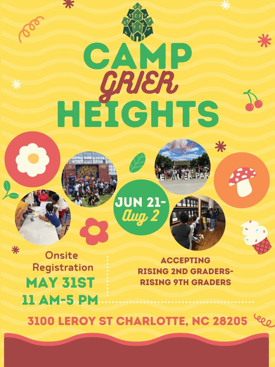 Onsite Registration for Camp Grier Heights, Tuesday May 31st, 11am- 5pm Stop by the Grier Heights Community Center and register !!