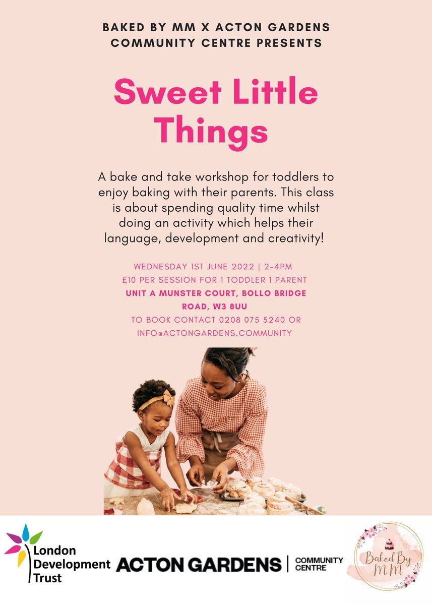 Actoncommunity's tweet photo. Sweet Little Things Toddler session!🧁 Wed 1 June 2-4 pm👩🏽‍🍳 £10 (1 toddler 1 parent)
A bake and take-away workshop for toddlers to enjoy cooking with parents/carers.

To book, please email info@actongardens.community or call 0208 075 5240

#Acton #ActonGardens #KidsBakingClass https://t.co/G84qziVp9E