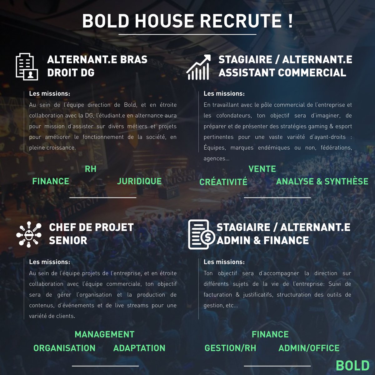 theboldhouse's tweet photo. À la recherche de quatre profils !

1. Alternance bras droit DG 
https://t.co/rxqKWtB2pT

2. Stage ou Alternance Assistant Commercial
https://t.co/zrBsXgkA0o

3. Stage ou Alternance Admin &amp; Finance
https://t.co/0wS0SfXsRt

4. Un.e chef.fe de projet Senior
https://t.co/aCe1pZsDuD https://t.co/WsGctMJOxs