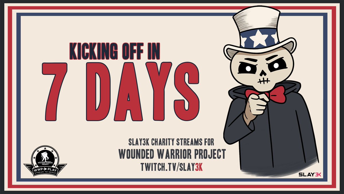 ONE WEEK.

On Friday, June 3, we're raising money for #WoundedWarriorProject

Happening at twitch.tv/slay3k

<a href="/wwp/">WWP</a> <a href="/tiltify/">Tiltify</a> #sinktheship