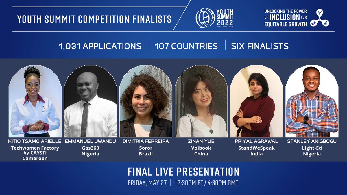 2022 World Bank Youth Summit! Pitch competition. Join us at 12.30 ET to listen great ideas to unlock the power of inclusion for equitable growth! live.worldbank.org/events/2022-wb…