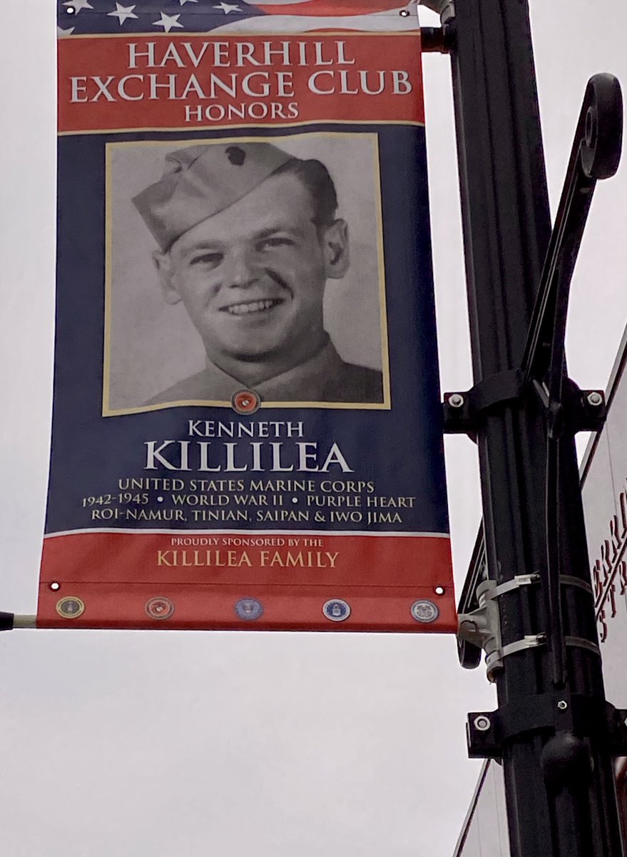My dad’s banner is flying high in our hometown for Memorial Day. 🇺🇸💜🇺🇸 #MemorialDay #HaverhillHometownheros #greatestgeneration